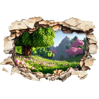 3D Wandtattoo im Block-Stil – Realistischer Durchbruch-Effekt | Pixel Wald Landschaft Wandsticker | Selbstklebende Vinyl Wanddeko für Gamer & Jungenzimmer