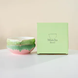 YlobdolY Matcha-Schüssel aus Keramik mit Ausgießer, handgefertigt, Aquarell, glasiertes Porzellan, traditionell, japanische Tee-Rührschüssel mit Geschenkbox zum Schlagen von Matcha, Rosa/Grün
