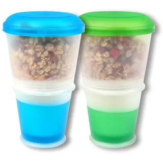 Schramm® 2er Pack Joghurtbecher to go Müsli-to-Go Müslibecher mit integriertem Kühlfach und Löffel Müslischale Joghurt Becher Müslibehälter Joghurtbehälter für unterwegs