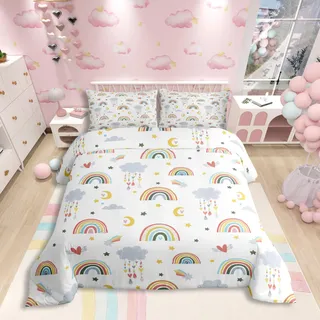 Homewish Bettwäsche Regenbogen 155x220 Bunt Kinder Mädchen Rosa Bettwäsche Set Regenbogen Wolken Sternen Mond Herzen Bettbezug Set für Prinzessin Schlafzimmerdekor 2-Teilig Mikrofaser Weich Bettset
