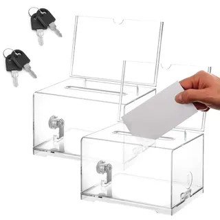 Acrylspendenbox, 2 Stück Acrylspendenbox, Spardose Transparent, mit Schloss und Schlüssel, mit Einstecktafel, für Abstimmungen, Gewinnspiele, Wettbewerbe, Visitenkarten