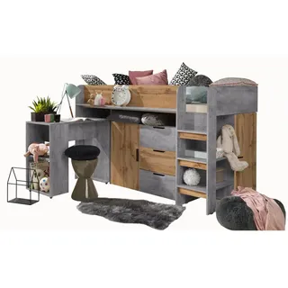 Abiks Möbel Hochbett mit Schreibtisch 90/200 cm , Grau, Eiche Wotan , Holz , Nachbildung , 7 Fächer , 3 Schubladen , 90x200 cm , Babymöbel & Kindermöbel, Kinderzimmer & Jugendzimmer, Kinderbetten, Hochbetten