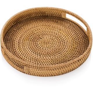 Sziqiqi Rattan Serviertablett mit Griffen 30cm Handgewebtes Wicker-Tablett Rattan-Tablett Rustikales dekoratives Tablett für Frühstück, Getränke, Snacks, Brot für die Couchtisch-Bar Dinnerpartys