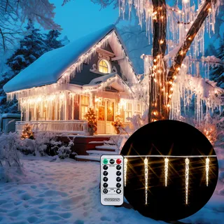 MONZANA® Eiszapfen Lichterkette 40 LED mit Fernbedienung Timer 8 Leuchtmodi Dimmbar IP44 Weihnachten Außen Innen Lichterkette Zapfen warmweiß 5,6x5m - Weiß