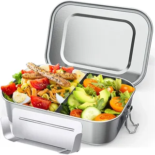 OITUGG Brotdose Edelstahl - 2400ml Lunchbox Edelstahl - Brotdose Metall für Erwachsene - Brotbox Edelstahl mit Trennwänd, Design Schnappverschlüssen, Nicht Spülmaschinengeeignet, 24 x17 x7.7cm