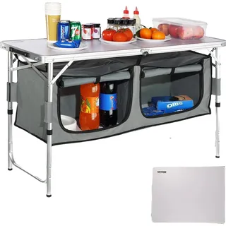 Campingküchentisch, höhenverstellbar 21,45"-27,56", MDF-Arbeitsplatte, kompaktes Design 2,8", verstärkte Struktur, mit Reißverschluss versehenen Stauraumfächern