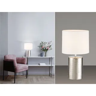 LED Tischlampe mit Keramikfuß Silber Antik & Lampenschirm Leinen Weiß, 35cm hoch