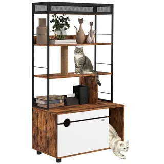 PawHut 2-in-1 Katzenklo Schrank, Katzenklo mit 3-Ebenen-Regal, Kratzpfosten, Klapptür, Katzenhaus für Katze unter 6 kg, 80 x 48 x 152 cm, Rustikal-Braun