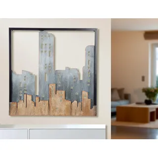 Casablanca Metallbilder Wanddeko Bilder Metall – moderne Wanddekoration Wohnzimmer – Wandbild 3D Metallbild Wand Deko Skyline Häuser Wall Decoration 50 x 50 cm Grau Braun