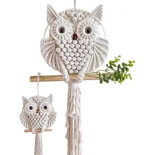 Eulen-Makramee-Wandbehang – 2 Stück – Boho-Wanddekoration – handgefertigt – Baumwollseil – gewebter Wandteppich – mit Holzstab – Eulen-Traumfänger – Wandteppich – für die Heimdekoration