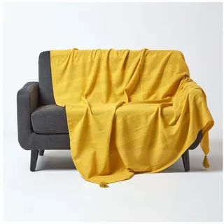 Homescapes Wohndecke Rajput gelb 150 x 200 cm, Tagesdecke 100% Baumwolle, Sofaüberwurf handgewebt mit Streifenstruktur, Couch-Überwurf mit Quasten, Oeko-Tex