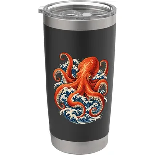 Japanische Welle Roter Oktopus Meerestier Kunst Doppelwandiger Edelstahl-Thermobecher