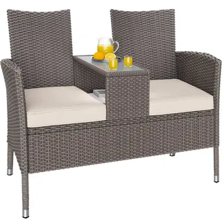 Bank 2-Sitzer Creme mit integriertem Tisch Glasplatte Ablage wetterfest