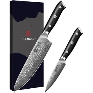 KEEMAKE Damastmesser Set 2-teilig - Profi Küchenmesser aus VG10 Damaststahl Scharf - Japanisches Kochmesser und Kleines Allzweckmesser mit G10 Griff, Edles Damaszener Geschenkset, Vatertagsgeschenk