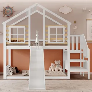 Merax Etagenbett 90x200cm mit Treppe und Rutsche, Kinderbett mit Rausfallschutz, Stockbett mit Gitter und Fenster, Massivholzbett Jugendbett, Weiß - Weiß, Naturbelassen