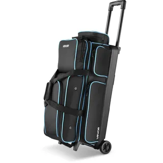 Vevor Bowlingballtasche für 3 Bälle mit Doppelrollen & separatem Fach für Schuhe (bis US-Größe 16) & übergroßer Zubehörtasche, einziehbarer Griff lässt sich auf 105 cm ausziehen Schwarz + Blau