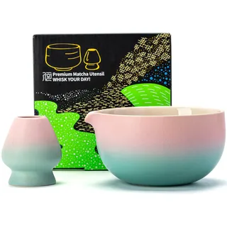TEANAGOO Japanische Matcha-Schale aus Keramik mit Schneebesenhalter, 530 ml, K11, Farbverlauf, Rosa-Grün, Chawan-Matcha-Teeschale, Matcha-Keramikschale, Teeschalen für Matcha, Keramik-Matcha-Schüssel...