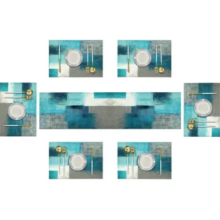 Emvency Farmhouse Tischläufer und Platzsets, Baumwoll-Leinen, abstrakte Blaugrün und Grau, Malerei, Kunst, Esstischdekoration für den täglichen Gebrauch (1 Tischläufer 183 cm lang und 6