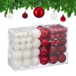 Relaxdays Weihnachtskugeln 100er Set, Weihnachtsdeko, matt, glänzend, glitzernd, Christbaumkugel ∅ 3, 4 & 6 cm, weiß/rot