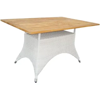 Zebra Gartentisch , Weiß, Teakfarben , Holz, Metall, Kunststoff , Teakholz , massiv, Hartholz , rechteckig , Rundrohr , 90x75x140 cm , Gartenmöbel, Gartentische, Gartentische