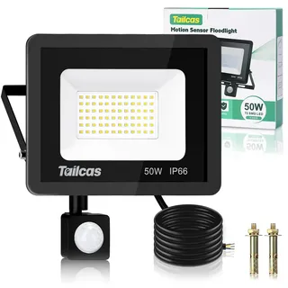 Tailcas 50W Led Strahler mit Bewegungsmelder Außen, 4500LM 6500K Superhell LED Fluter mit Sensor IP66 Wasserdicht Flutlichtstrahler Scheinwerfer Licht Wandleuchte für Hof, Garage, Garten