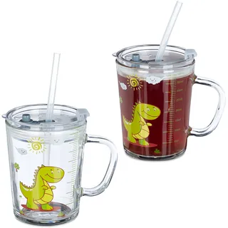 Relaxdays Trinkglas Kinder, 2er Set, Dino-Motiv, Kinderglas mit Henkel, Deckel & Strohhalm, 400 ml Skala, transparent