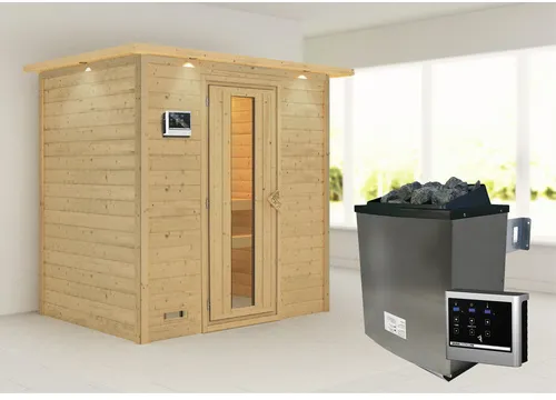 Bild von Sauna Sonja mit Energiespartür und Kranz Ofen 9 kW Saunaofen mit ext. Strg modern«, beige