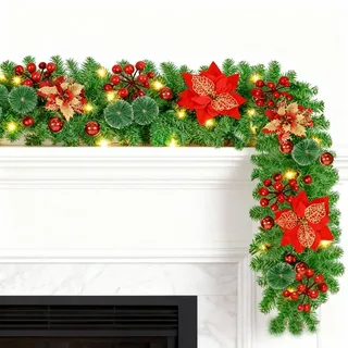 Weihnachtsgirlande mit Beleuchtung 2.7M Rot, 5M 30 LEDs Girlande Weihnachten mit Blumen und Kugeln, Weihnachtskugeln, Weihnachtsdeko für Türen,Fenster,Kamin,Treppe, Hof,Innen und Außen