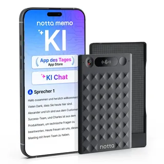 KI-Sprachrecorder, Notta Memo Digitales Diktiergerät(Schwarz), inkl. Memo MagBridge, KI-Transkription & Zusammenfassung in 58 Sprachen, 2000h Speicher, EIN-Knopf-Aufnahme für Anrufe
