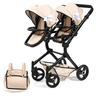 Bayer Design 26275AA Zwillingspuppenwagen Twin NEO mit Tasche, höhenverstellbarer Griff, Schwenkschieber, Sitze einzeln steckbar, bewegliche Vorderräder, integrierter Korb, Beige