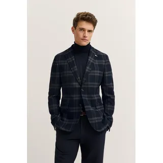 Sakko BUGATTI "Modern Fit", Herren, Gr. 50, blau (390, marine), 64% Polyester, 34% Viskose, 2% Elasthan, Glencheckmuster, normal, Manschette, Sakkos Sakko, mit Stretch-Futter & Glencheck