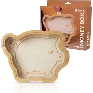 Fisura – Kinder-Spardose aus Holz in Form eines Schweinchens. Originelle durchsichtige Sparbüchse für Münzen und Geldscheine. Holz und Acrylglas. Tolles Geschenk für Kinder. 22,5 cm x 16 cm.