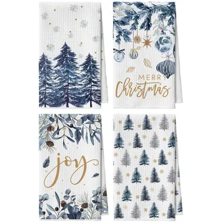 Artoid Mode Blau Bäume Schneeflocken Kiefern Weihnachten Bar Küchentücher Geschirrtücher, 42x65 cm Mikrofaser Saugfähig Küchen Reinigung Deko 4er Set