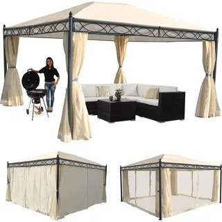 Pergola Cadiz, Garten Pavillon, stabiles 7cm-Gestell mit Seitenwand + Moskitonetz creme 4x3m - Beige