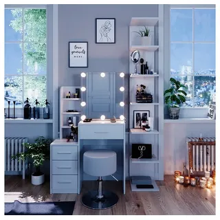 Vicco Schminktisch Conrada Weiß, 80 cm mit LED Beleuchtung und Hocker