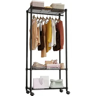 Moogiitools Garderobenständer, offener Kleiderschrank, Kleiderständer, Ablagefläche,Kleiderstange mit Höhenverstellbaren Regalen,Kleiderständer mit Rollen,für Schlafzimmer Wohnzimmer Flur