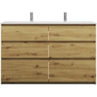 burgbad Lin20 Mineralguss-Waschtisch Weiß Glänzend mit 2 Armaturbohrungen inklusive Waschtischunterschrank, 6 Auszüge parallel, 1420x495x902mm, SGIX142F5353C0001, Farbe: Eiche Dekor Urban