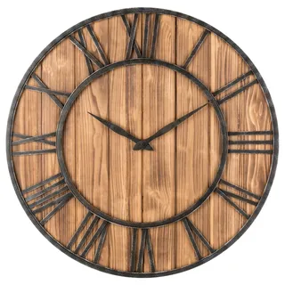 Oldtown Clocks Bauernhaus rustikale Scheune Vintage Bronze Metall & Massivholz geräuschlos große übergroße Wanduhr 30-Zoll- Holz