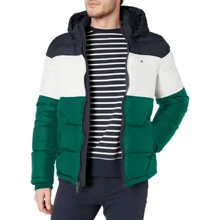 Tommy Hilfiger Herren Hooded Puffer Jacket Daunenalternativer Mantel, Grüner Farbblock, XXL