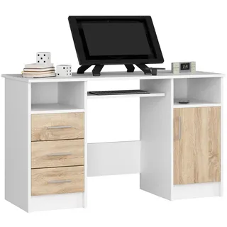 Akord Schreibtisch Weiß, Sonoma Eiche 124x52x74 cm , Holzwerkstoff , Nachbildung , Holz Optik , 3 Fächer , 3 Schubladen , Rechteckig,Rechteckig , 124x74x52 cm , Büromöbel, Schreibtische, Computertische