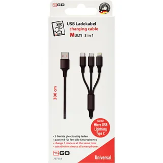 2Go 797154 USB Kabel 3 m USB B USB C/Micro-USB B/Lightning Schwarz