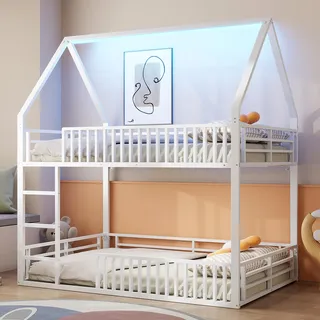 Sweiko 140x200 Haus-Etagenbett mit Zaun und LED-Licht, Weiß - Weiß