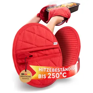 WOHNHELD Premium Topflappen (Extrem hitzebeständig bis 250 °C) waschbare & weiche Baumwolle - Ofenhandschuhe Topfuntersetzer mit praktischen Greif-Taschen - 20cm Rot