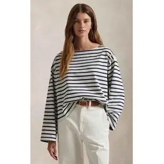 Polo Ralph Lauren für Damen. 211959103004 Marineblau gestreiftes T-Shirt mit Bootsausschnitt (XXS), Lässig, Baumwolle, Langarm