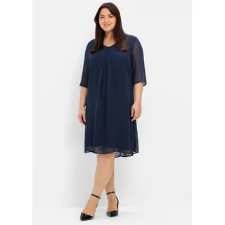 Chiffonkleid SHEEGO "Cocktailkleid", Damen, Gr. 50, Normalgrößen, blau (marine), 100% Polyester, unifarben, knielang, V-Ausschnitt, Kleider Chiffonkleid