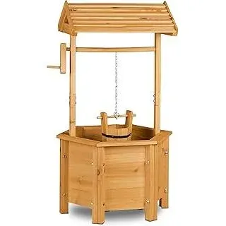 Dekobrunnen Garten Holz, Rolle, Eimer, HxBxT: 82 x 47 x 41 cm, Zierbrunnen, Gartendeko, Holzbrunnen, natur