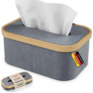 Vireon Taschentücher Box Spender aus Bambus mit Tücherbox aus Oxford-Stoff Tissue Box Papiertaschentücher Boxen Kosmetiktuchbox für Nur für kleine Papiertücher Wohnzimmer Bad Küche in Grau