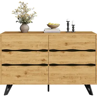 Fortuna Lai Moderner Sideboard-Schrank mit 6 Schubladen – Holzoptik, Metallfüße, Viel Stauraum, Minimalistisches Design, Für Wohnzimmer & Esszimmer – 120x40x75,5 cm - Braun