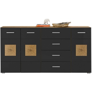 Stella Trading Mid.you Sideboard Schwarz, Eiche Artisan Kunststoff, 2 Fächer, 4 Schubladen 180x92x38 cm