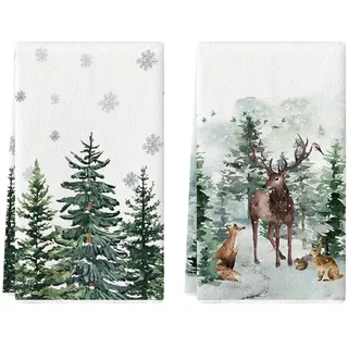 Artoid Mode Aquarell Rentier Bäume Schneeflocken Weihnachten Küchentücher Geschirrtücher, 42x65 cm Winter Christmas Deko Polyester Handtücher 2er Set